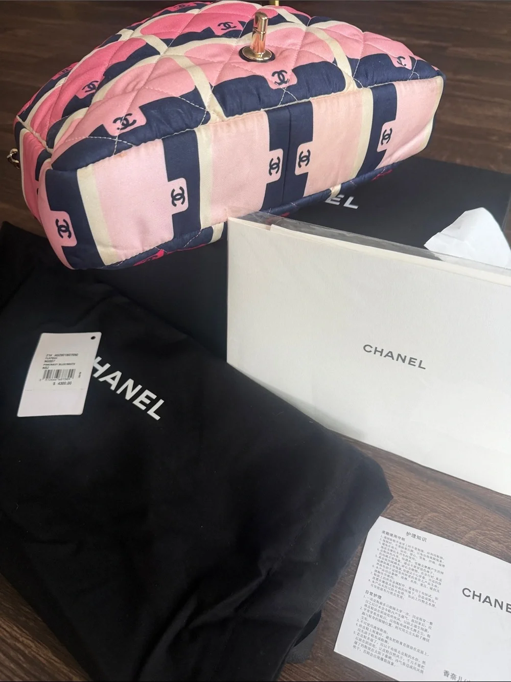CHANEL Pink Quilted Shoulder Bag with Navy and Cream Grid